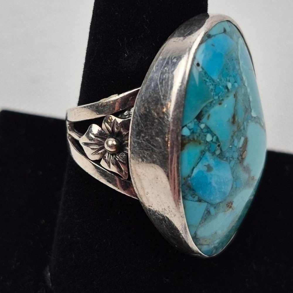 Sterling Silver Turquoise Ring Size 8.5 Statement Floral Scroll Boho 925 Signed - Picture 2 of 12
